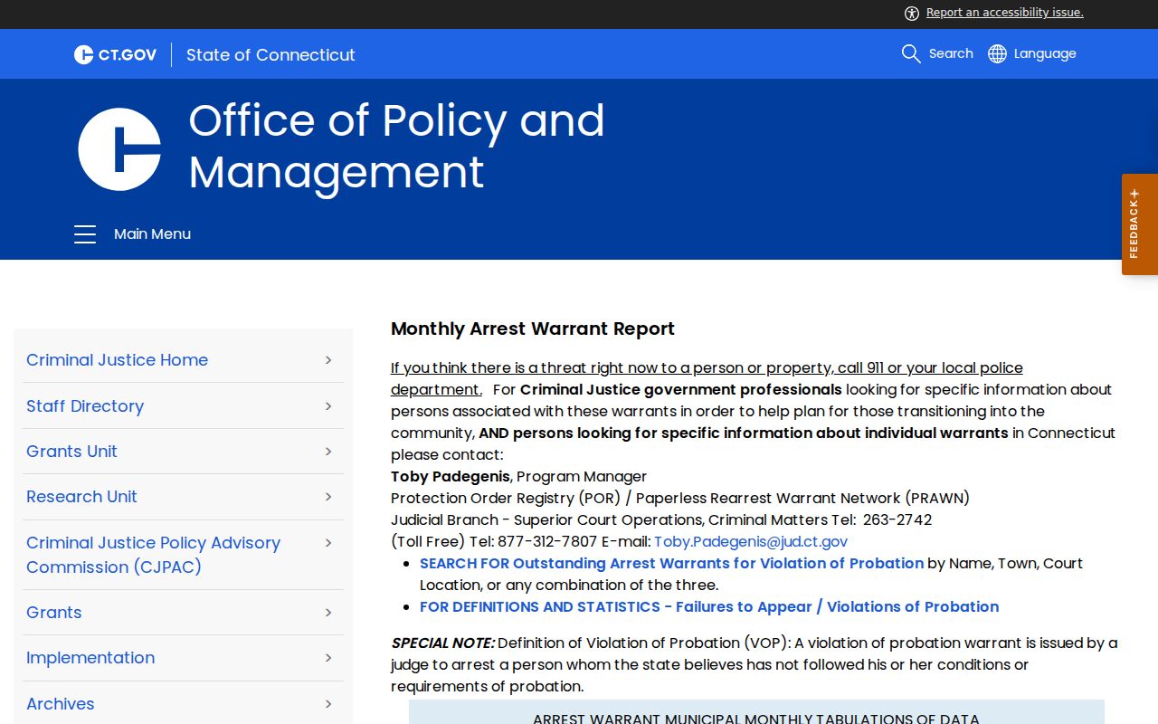 Hartford County violation-of-probation warrant search record page