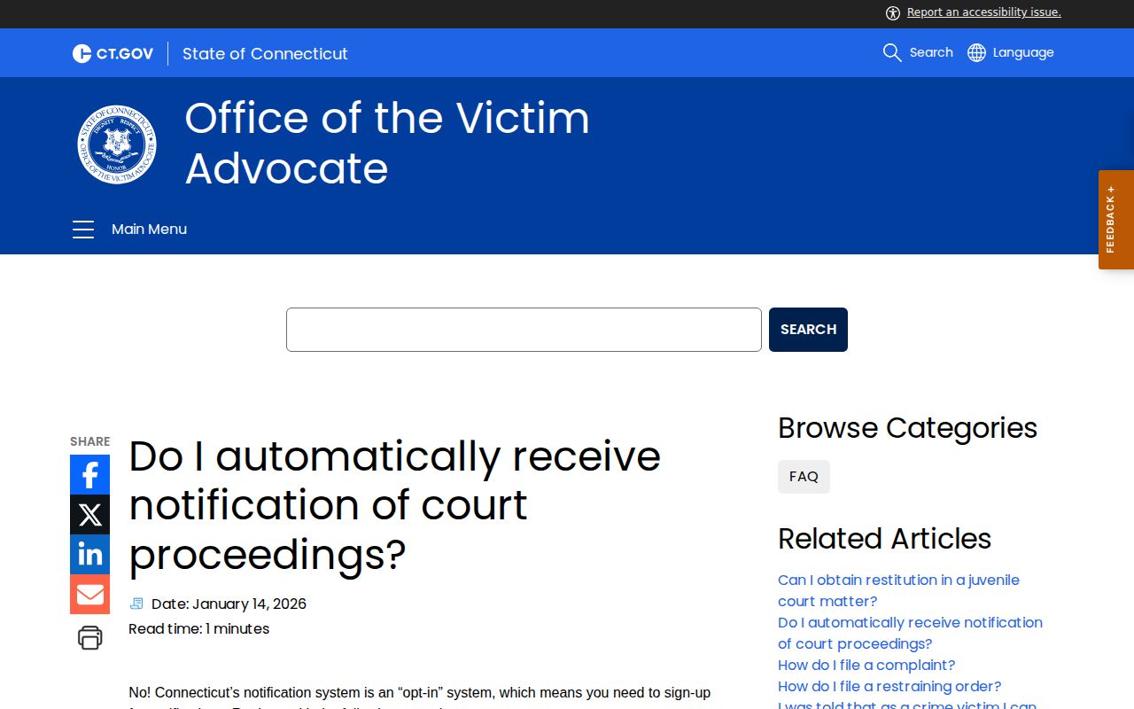 Hartford County arrest and DOC custody notification guidance through CT VINE