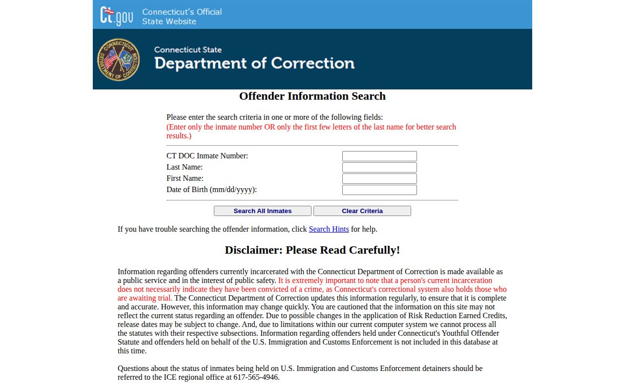 Hartford County accused and sentenced DOC custody record search form