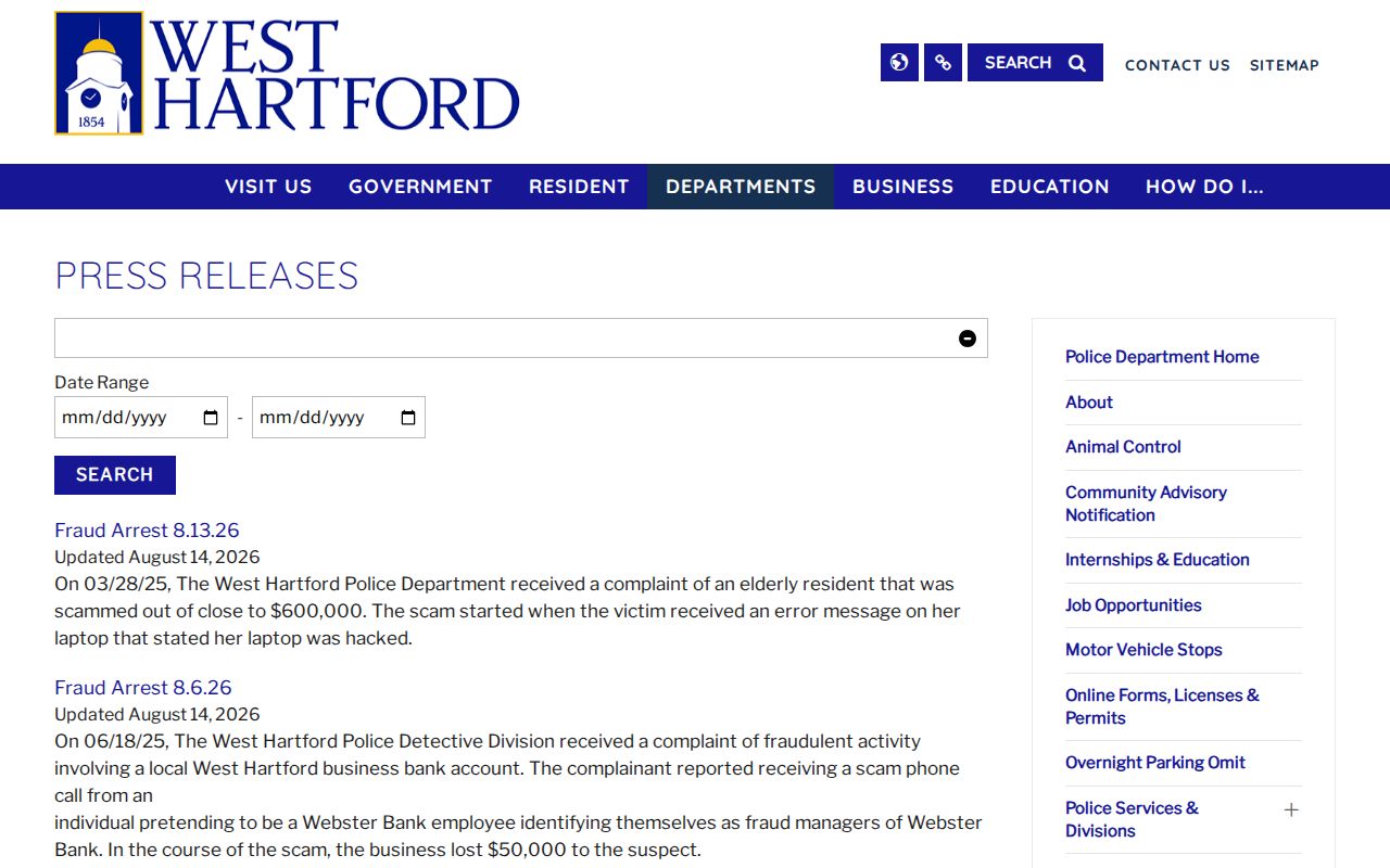 West Hartford Police searchable arrest press releases for busted mugshot records